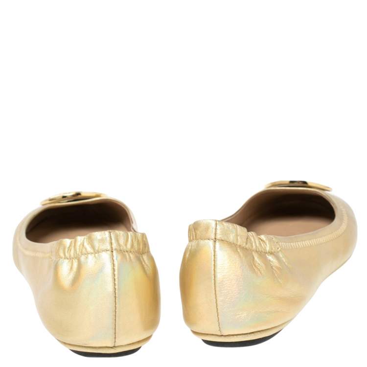 Pre Owned Tory Burch Metallic Gold Leather Minnie Scrunch Ballet Flats Size 37.5