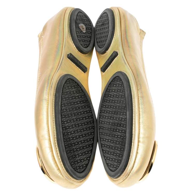 Pre Owned Tory Burch Metallic Gold Leather Minnie Scrunch Ballet Flats Size 37.5