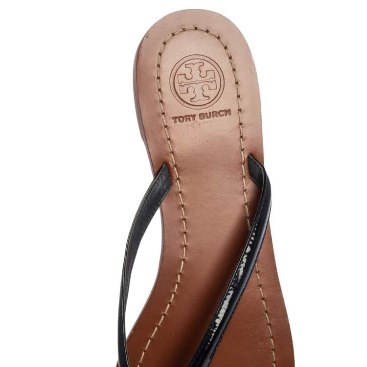Pre Owned Tory Burch Dark Blue Patent Leather Terra Thong Flats Size 36.5
