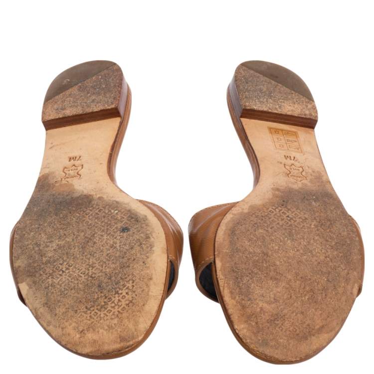 Pre Owned Tory Burch Brown Leather Pineapple Applique Slide Flat Sandals Size 37