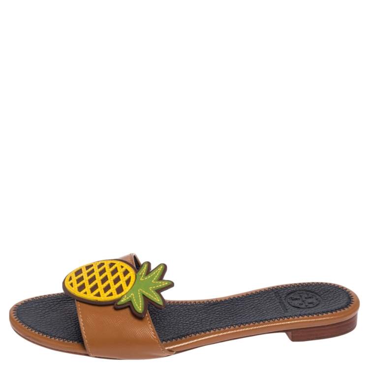 Tory Burch Brown Leather Pineapple Applique Slide Flat Sandals Size 37 Tory  Burch | TLC