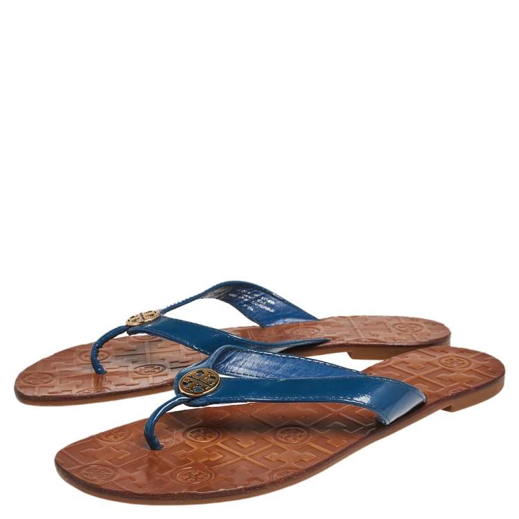 Pre Owned Tory Burch Blue Patent Leather Thora Thong Flats Size 38