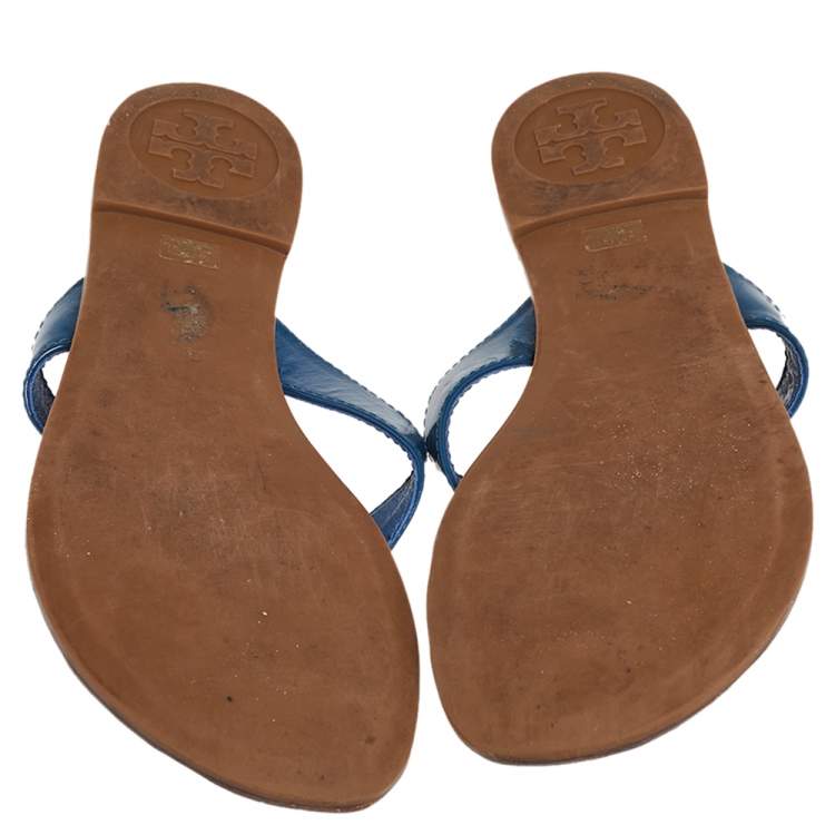 Pre Owned Tory Burch Blue Patent Leather Thora Thong Flats Size 38