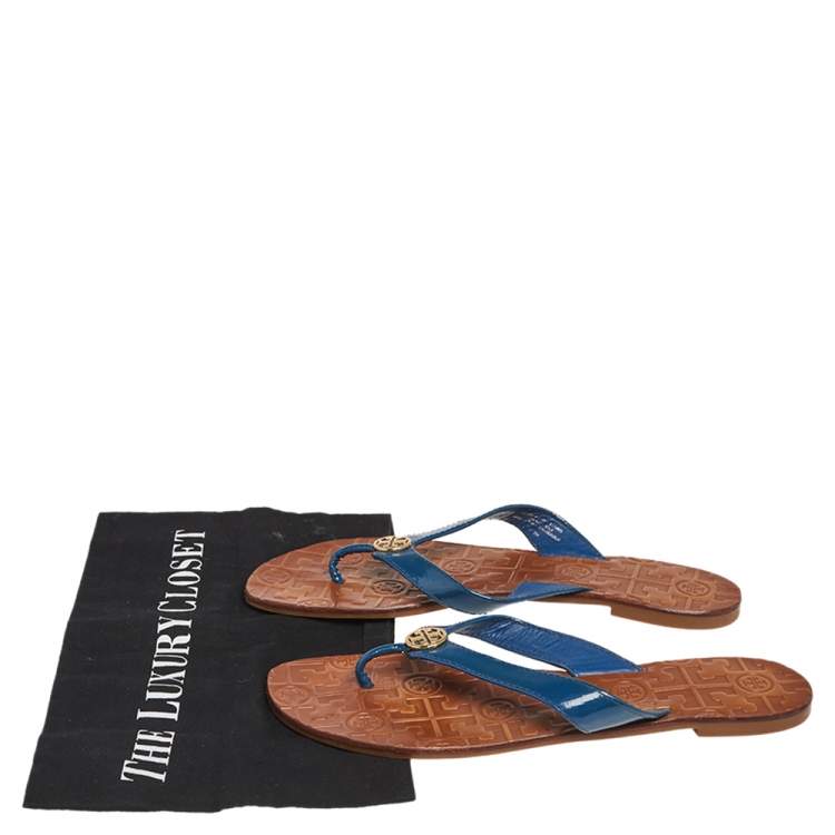 Pre Owned Tory Burch Blue Patent Leather Thora Thong Flats Size 38