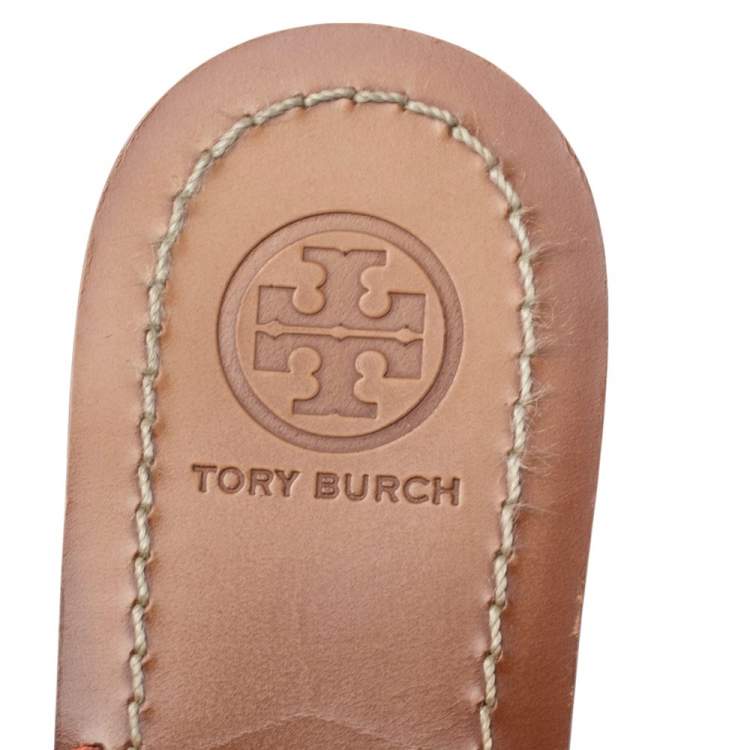 Pre Owned Tory Burch Coral Red Lattice Leather Flat Thong Sandals Size 36