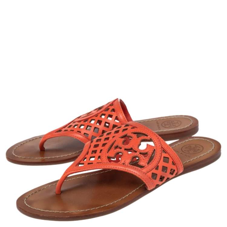 Pre Owned Tory Burch Coral Red Lattice Leather Flat Thong Sandals Size 36