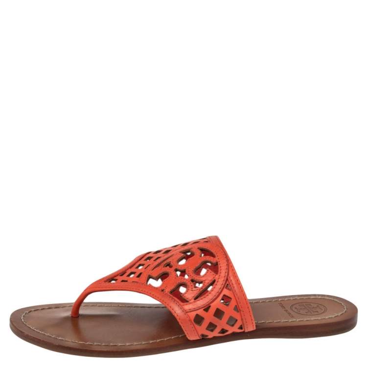 Tory Burch Coral Red Lattice Leather Flat Thong Sandals Size 36 Tory Burch  | TLC