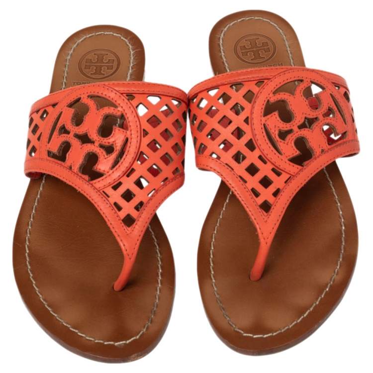 Pre Owned Tory Burch Coral Red Lattice Leather Flat Thong Sandals Size 36