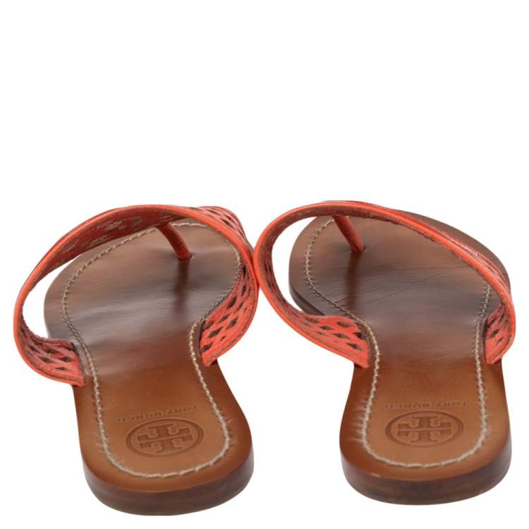 Pre Owned Tory Burch Coral Red Lattice Leather Flat Thong Sandals Size 36