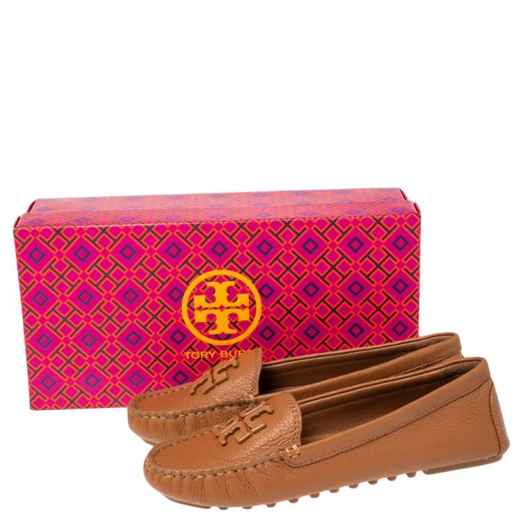 Pre Owned Tory Burch Royal Tan Tumbled Leather Lowell Slip On Loafers Size 36.5 
