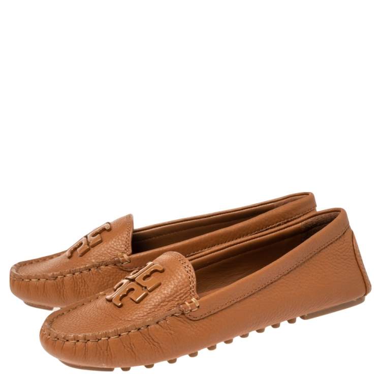 Pre Owned Tory Burch Royal Tan Tumbled Leather Lowell Slip On Loafers Size 36.5 
