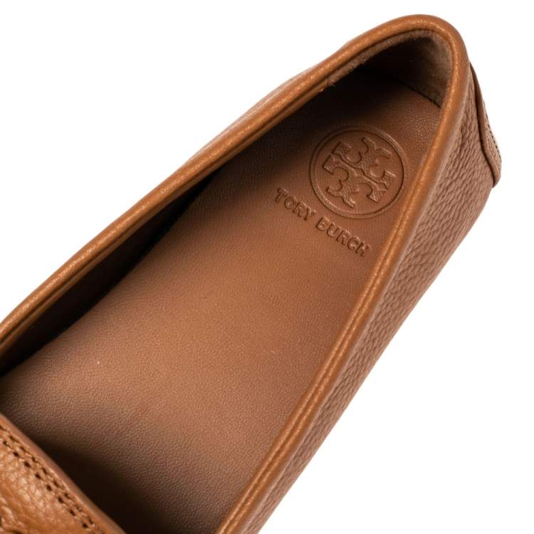 Pre Owned Tory Burch Royal Tan Tumbled Leather Lowell Slip On Loafers Size 36.5 