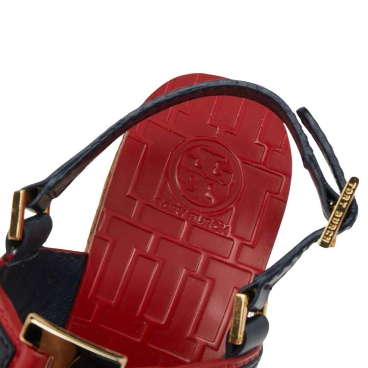 Pre Owned Tory Burch Red/Blue Leather Cork Wedge Platform Slingback Sandals Size 38