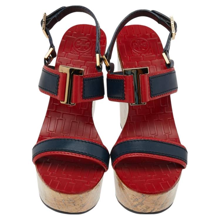 Pre Owned Tory Burch Red/Blue Leather Cork Wedge Platform Slingback Sandals Size 38