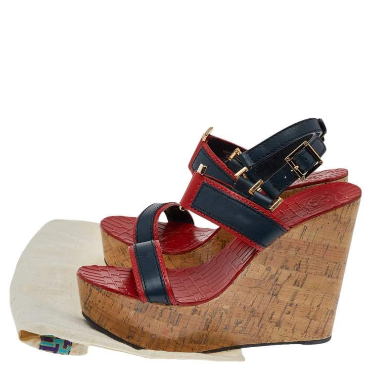 Pre Owned Tory Burch Red/Blue Leather Cork Wedge Platform Slingback Sandals Size 38
