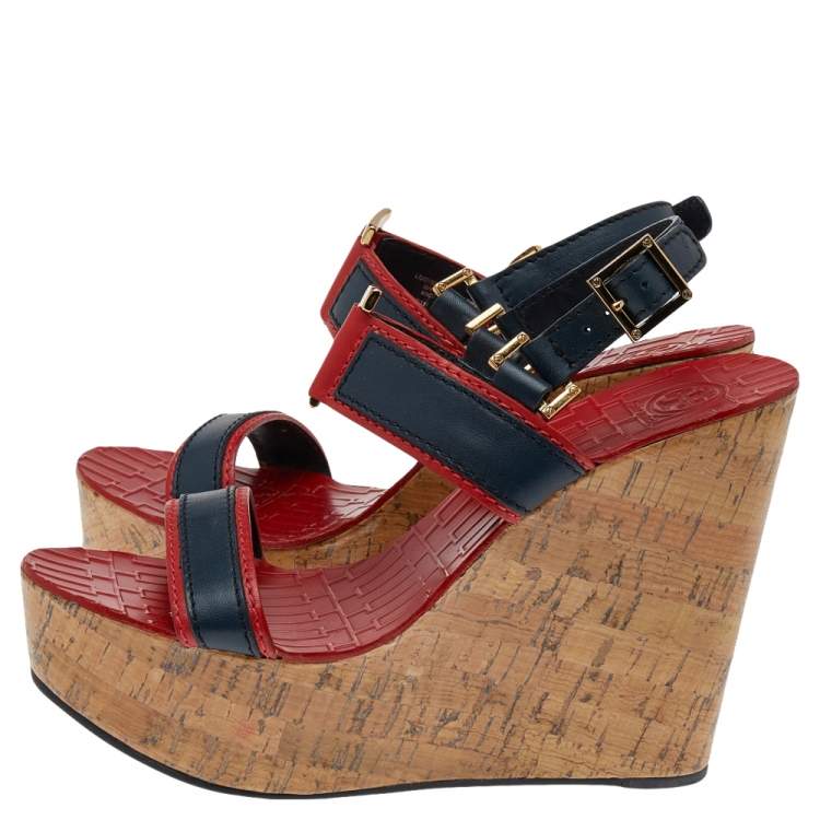 Pre Owned Tory Burch Red/Blue Leather Cork Wedge Platform Slingback Sandals Size 38