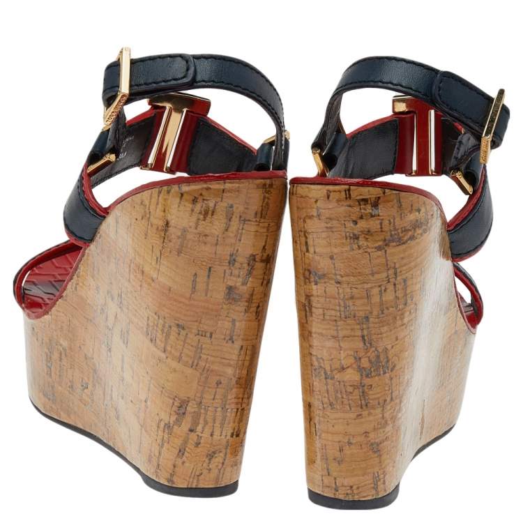 Pre Owned Tory Burch Red/Blue Leather Cork Wedge Platform Slingback Sandals Size 38