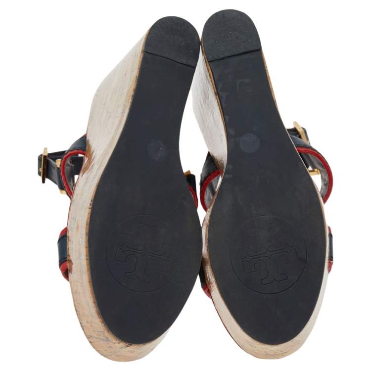 Pre Owned Tory Burch Red/Blue Leather Cork Wedge Platform Slingback Sandals Size 38