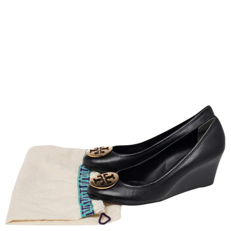 Pre Owned Tory Burch Black Leather Wedge Pumps Size 41