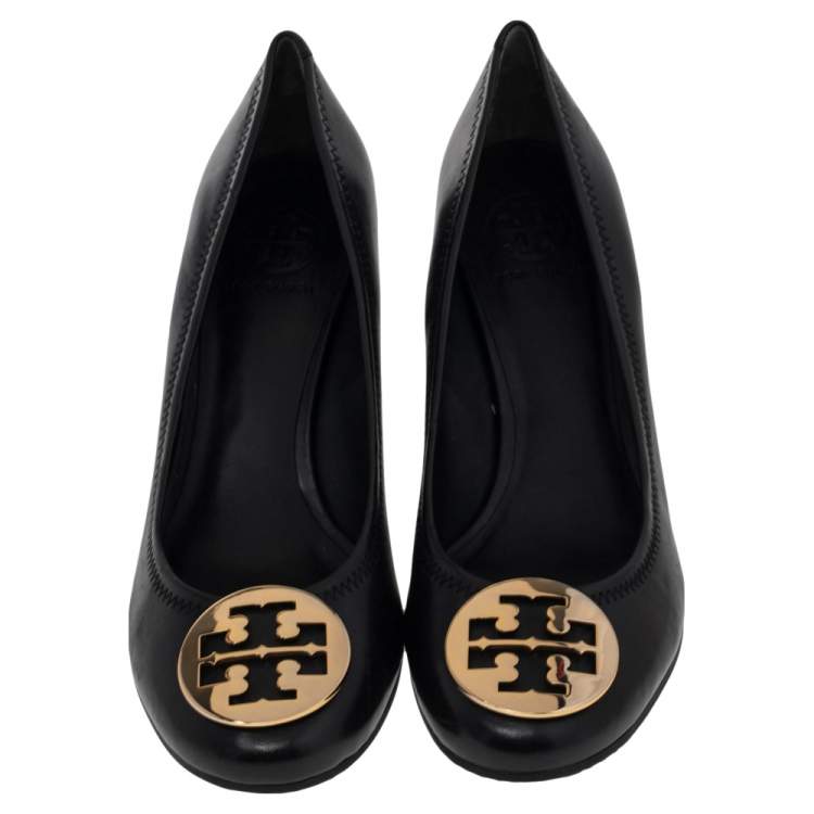 Pre Owned Tory Burch Black Leather Wedge Pumps Size 41