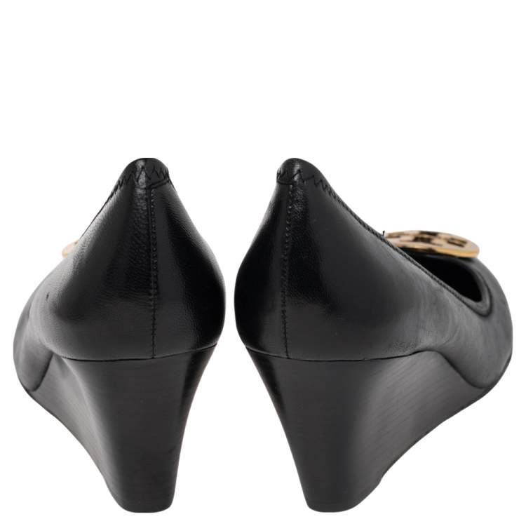 Pre Owned Tory Burch Black Leather Wedge Pumps Size 41