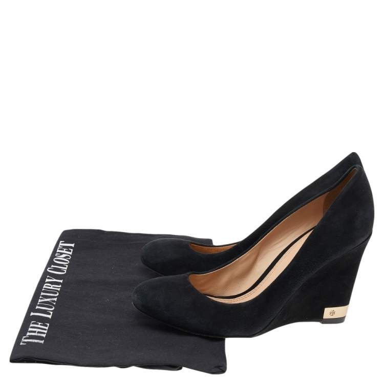 Pre Owned Tory Burch Black Suede Wedge Pumps Size 36.5