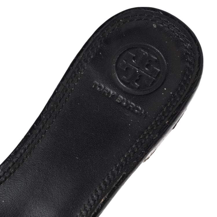 Pre Owned Tory Burch Black Croc Embossed Leather Slide Sandals Size 37.5