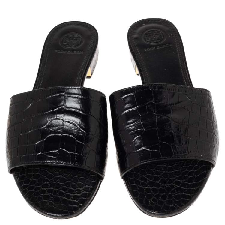 Pre Owned Tory Burch Black Croc Embossed Leather Slide Sandals Size 37.5