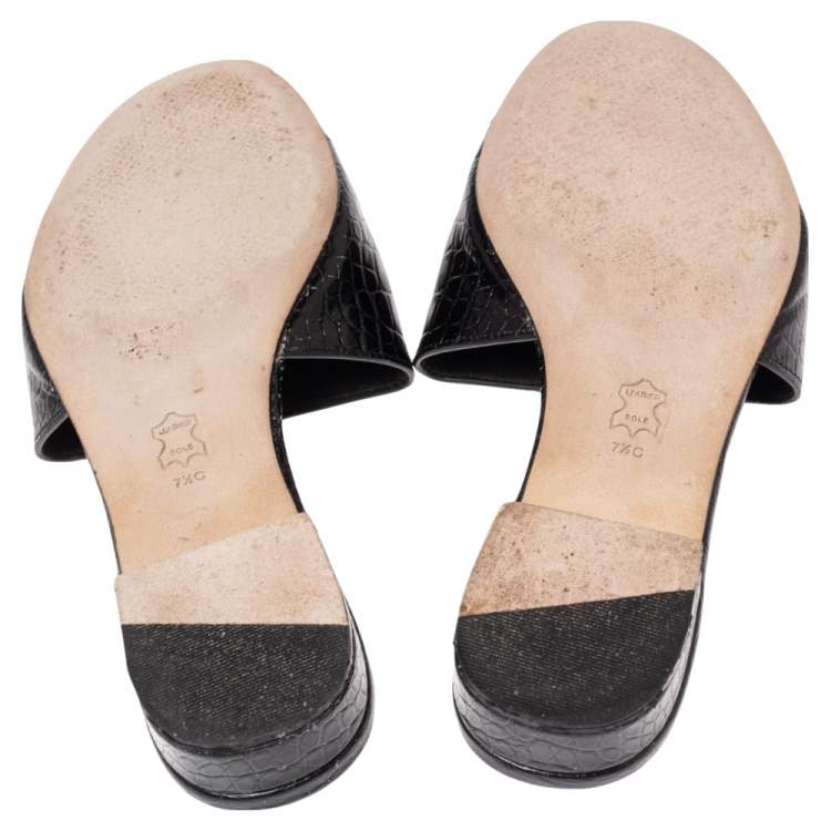 Pre Owned Tory Burch Black Croc Embossed Leather Slide Sandals Size 37.5