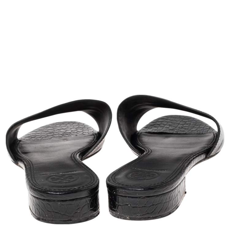 Pre Owned Tory Burch Black Croc Embossed Leather Slide Sandals Size 37.5