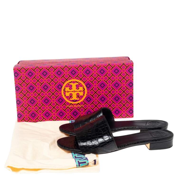 Pre Owned Tory Burch Black Croc Embossed Leather Slide Sandals Size 37.5