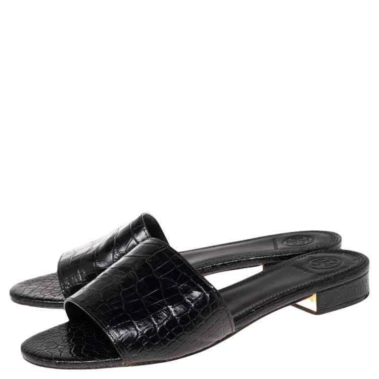 Pre Owned Tory Burch Black Croc Embossed Leather Slide Sandals Size 37.5