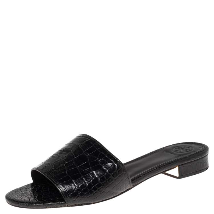 Tory Burch Black Croc Embossed Leather Slide Sandals Size  Tory Burch |  TLC