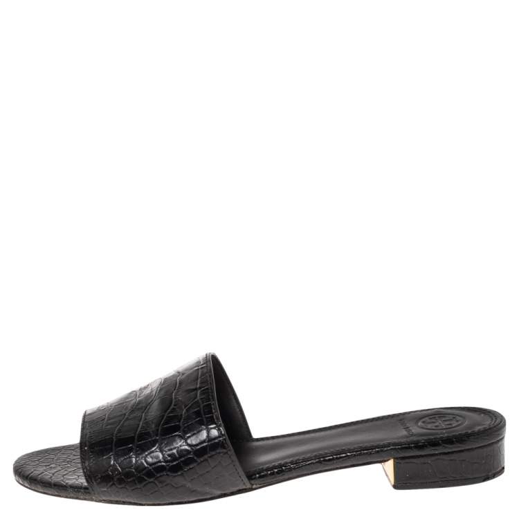 Pre Owned Tory Burch Black Croc Embossed Leather Slide Sandals Size 37.5