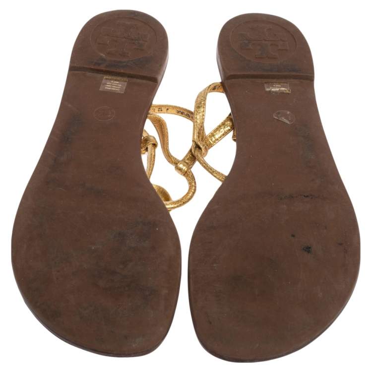 Pre Owned Tory Burch Metallic Gold Leather T Strap Flat Sandals Size 38.5