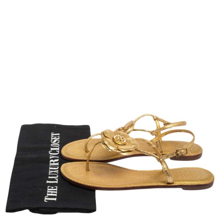 Pre Owned Tory Burch Metallic Gold Leather T Strap Flat Sandals Size 38.5