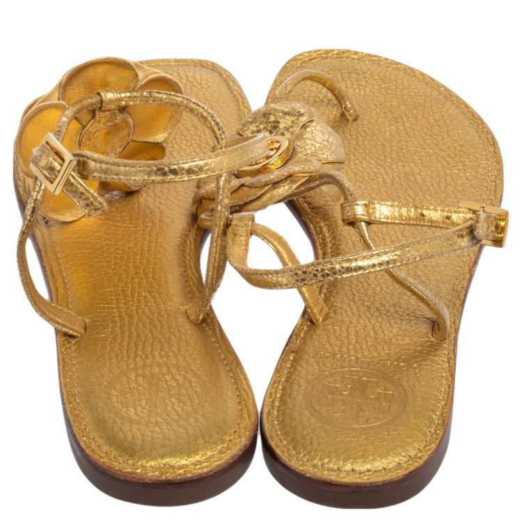 Pre Owned Tory Burch Metallic Gold Leather T Strap Flat Sandals Size 38.5