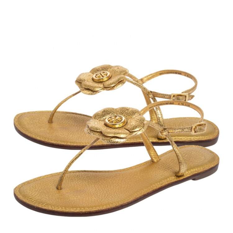 Pre Owned Tory Burch Metallic Gold Leather T Strap Flat Sandals Size 38.5