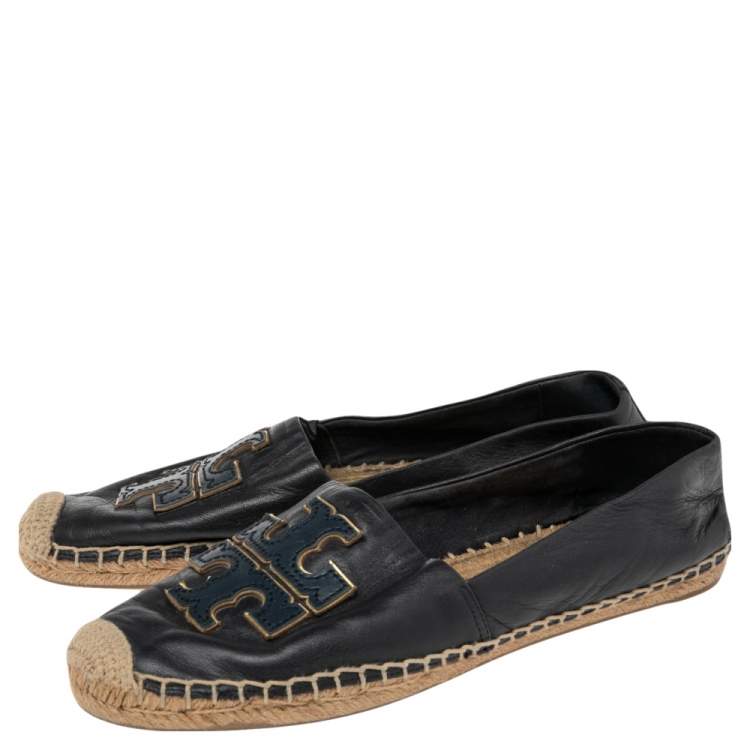 Pre Owned Tory Burch Navy Blue Leather Ines Logo Espadrille Flats Size 38