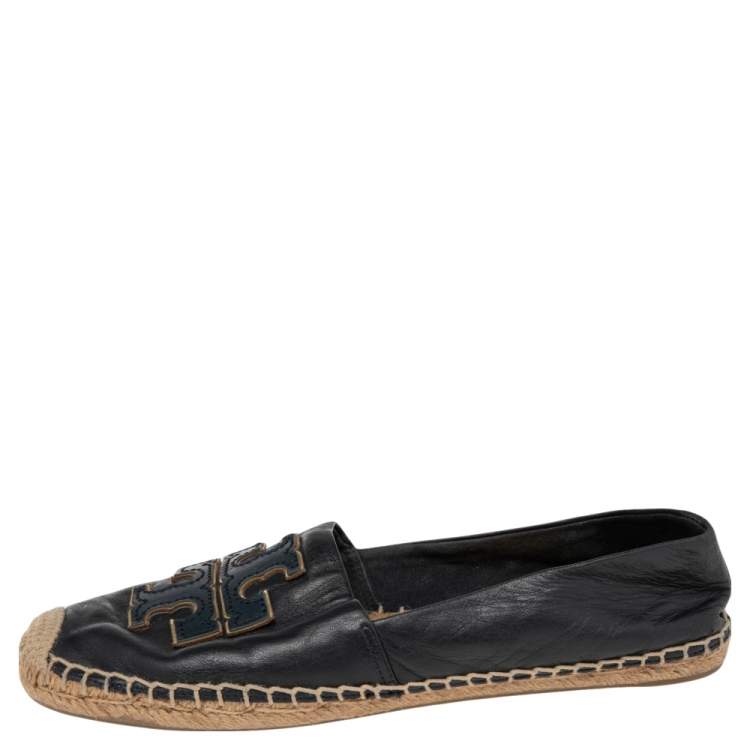 Pre Owned Tory Burch Navy Blue Leather Ines Logo Espadrille Flats Size 38