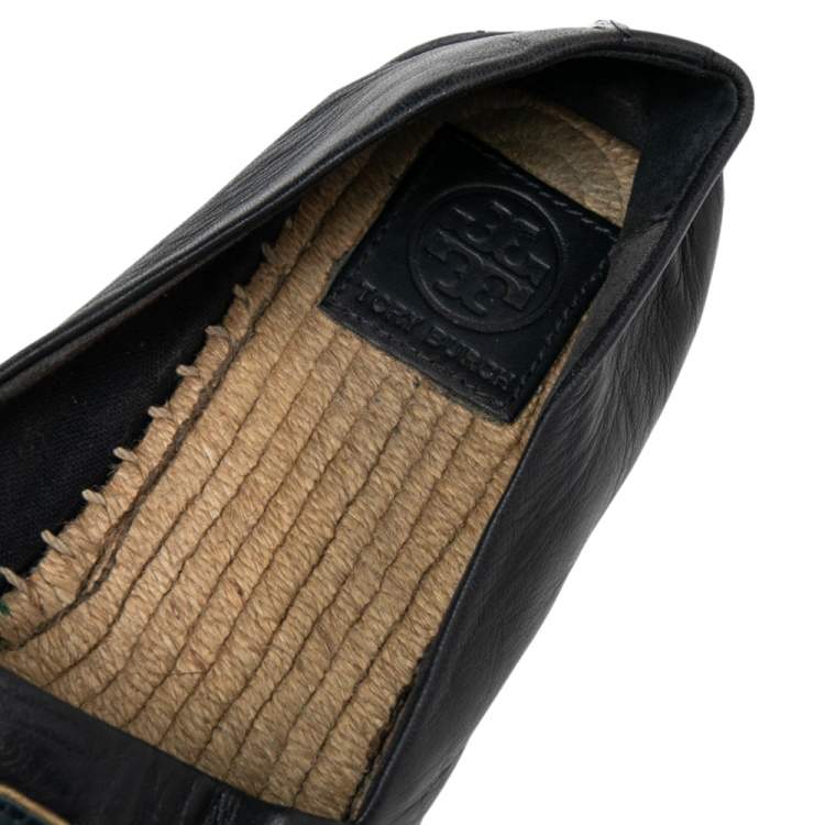 Pre Owned Tory Burch Navy Blue Leather Ines Logo Espadrille Flats Size 38