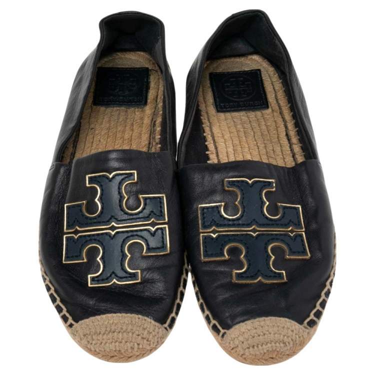 Pre Owned Tory Burch Navy Blue Leather Ines Logo Espadrille Flats Size 38