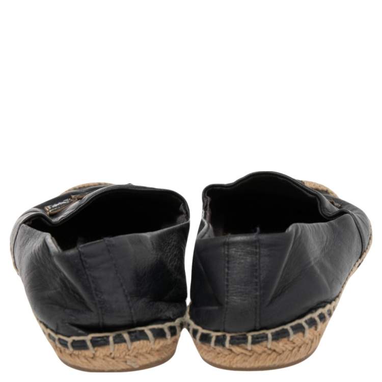 Pre Owned Tory Burch Navy Blue Leather Ines Logo Espadrille Flats Size 38
