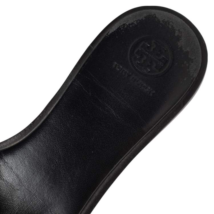 Pre Owned Tory Burch Black Leather Double T Slide Flat Sandals Size 36.5