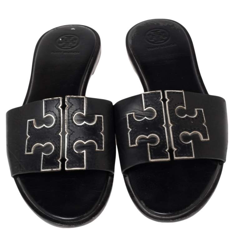 Pre Owned Tory Burch Black Leather Double T Slide Flat Sandals Size 36.5