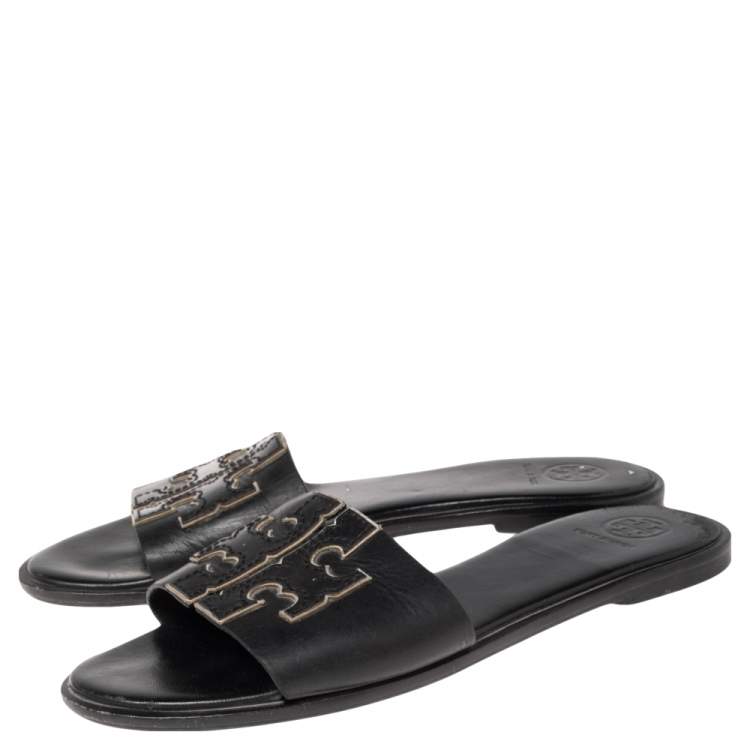 Pre Owned Tory Burch Black Leather Double T Slide Flat Sandals Size 36.5