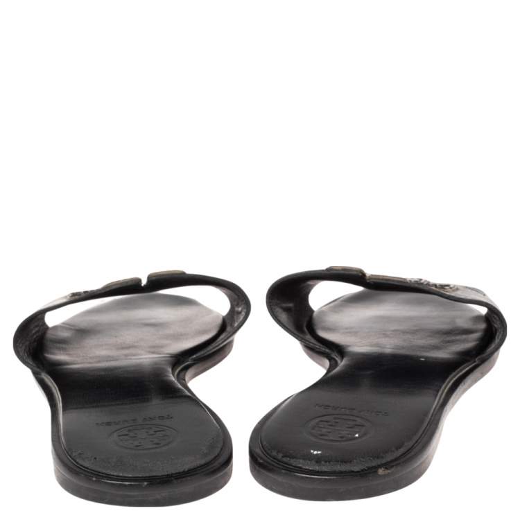 Pre Owned Tory Burch Black Leather Double T Slide Flat Sandals Size 36.5