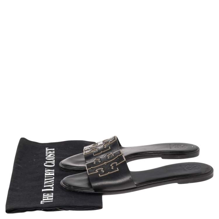 Pre Owned Tory Burch Black Leather Double T Slide Flat Sandals Size 36.5