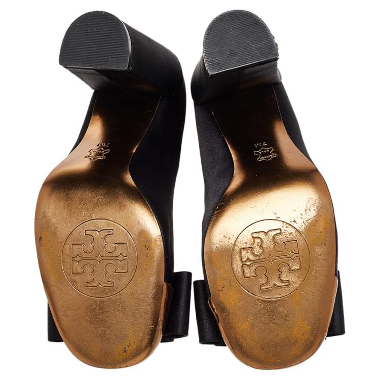 Pre Owned Tory Burch Black/Gold Satin And Leather Bow Block Heel Pumps SIze 37