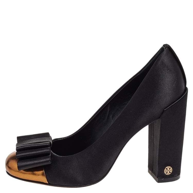 Pre Owned Tory Burch Black/Gold Satin And Leather Bow Block Heel Pumps SIze 37